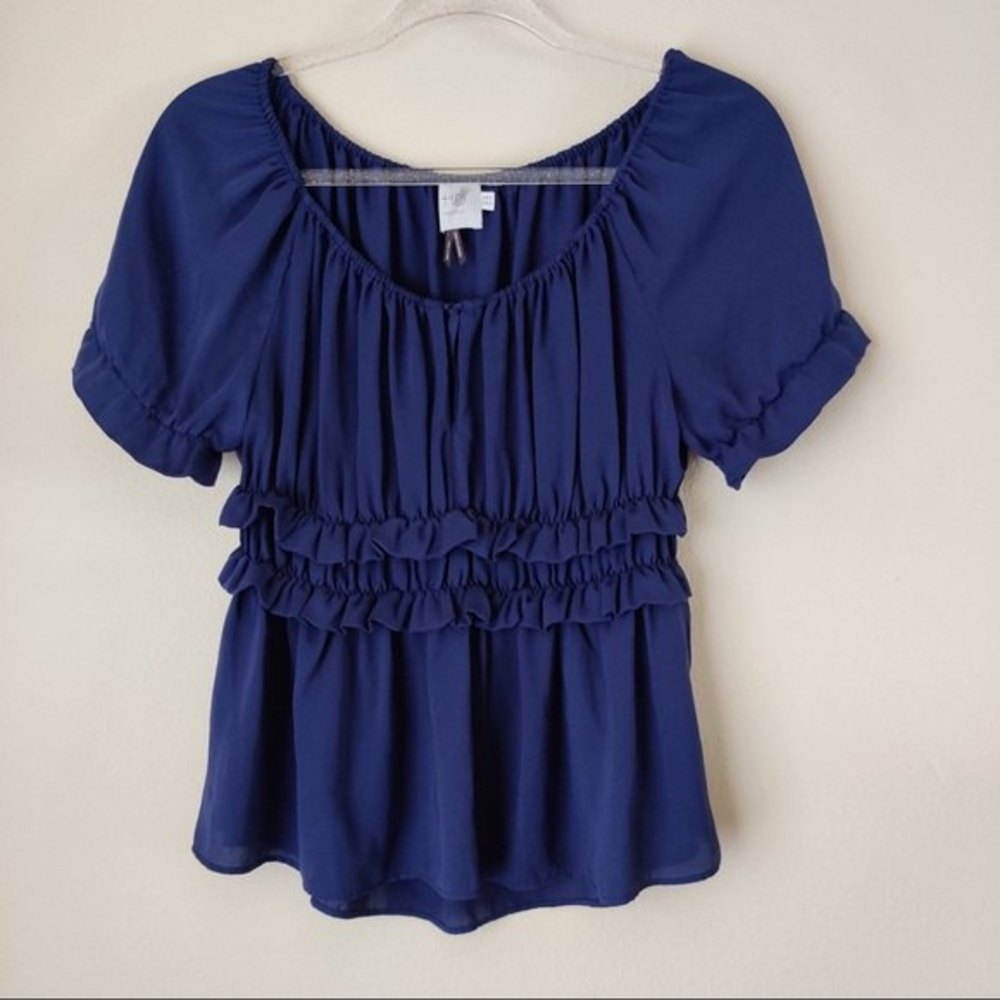 HD in Paris Navy Peasant Boho Ruffle Blouse